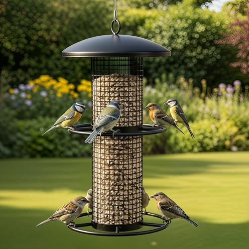 zooprinz Premium XL Vogelfutterspender mit stabilen Sitzringen und Schutzdach für Wildvögel – witterungsbeständig und langlebig – Meisenknödelhalter