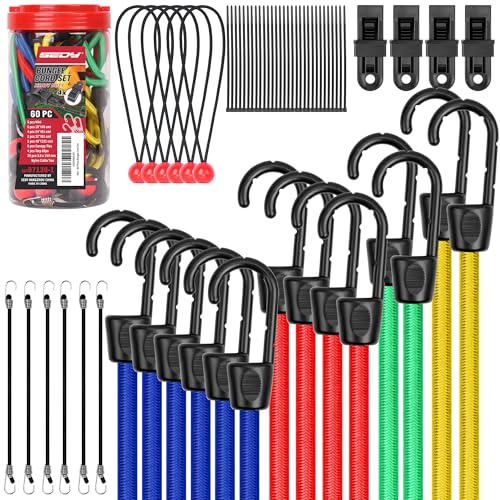 60-Piece Bungee Cords Assorted Sizes - 10 18 24 32 40 Bungee Cords with Hooks, Heavy Duty Outdoor, Large Medium Small Mini Elastic Canopy Tarp Bungee Ball Ties Tarp Clips Organizer