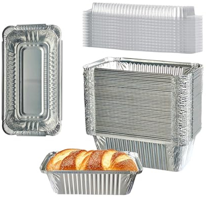 FUTINA 50 Pack 6.9x3.5 Disposable Aluminum Loaf Pans with Lids - 1Lb Mini Baking Pans,foil pans, ldeal for Baking Bread, Cakes, Cinnamon Rolls & Storing Refrigerated Food