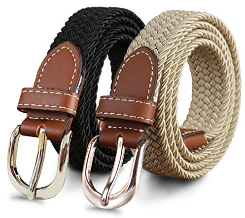 YUCFOREN 2 Pack 1'' Narrow Width Elastic Belt, Stretch Braided Skinny Fabric Woven Women or Girl Jeans Dress Casual Belt (Medium 36-38, Black/Khaki)