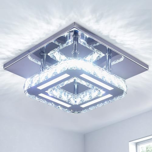 CXGLEAMING Moderne Deckenlampe LED Kristall Deckenleuchte Quadrat Kristall Kronleuchter Halbeinbau Pendelleuchte Beleuchtung für Wohnzimmer Schlafzimmer Esszimmer Korridor Küche(Kaltweiß)