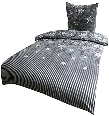 Leonado Vicenti Winter Bettwäsche 155x220 Thermo Fleece Flausch Garnitur Warm Deckenbezug Kissenbezug Bezug Galaxy Grau Gestreift 2 TLG