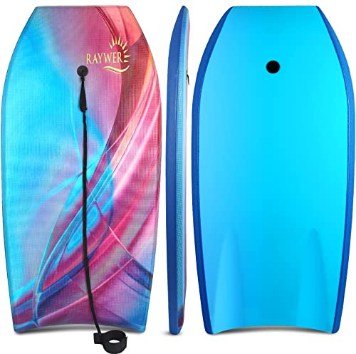 RAYWER Body Board Lightweight with EPS Core, HDPE Slick Bottom , Leash & Adjustable Wrist Rope, Great Surfing for Kids and Adults (Blue, 33-INCH)