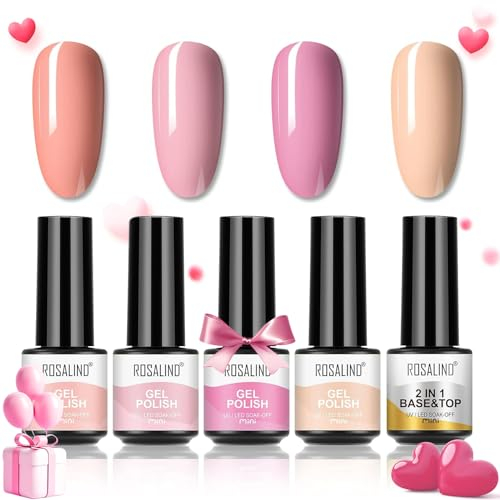 ROSALIND Smalto Semipermanente Per Unghie, 5 Pezzi Nude Rosa Smalto Semipermanente con 2 in 1 Base Coat Top Coat, Soak off UV Manicure Set Mini
