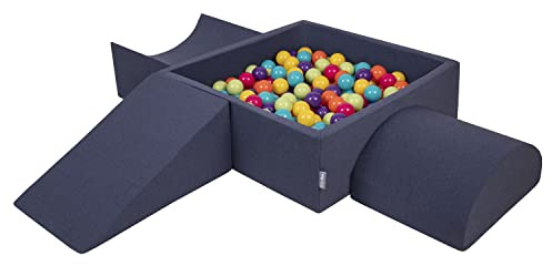 KiddyMoon Spielplatz Aus Schaumstoff Mit Quadrat Bällebad (200 Bälle) Ballgruben Für Babys Spielbad Hindernisläufen, Hergestellt In Der EU, Dunkelblau:Helgrün/Gelb/Türkis/Orange/Dpink/Violet