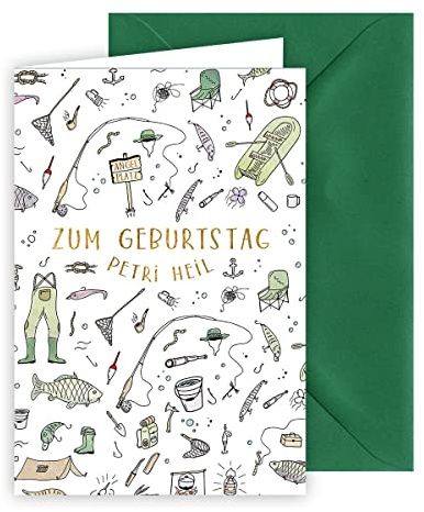 KE - Glückwunsch-Karte zum Geburtstag für Männer/Angler mit lustigem Spruch, mit Umschlag, DIN B6, lustige Geburtstagskarte Mann, Motiv: Petri Heil
