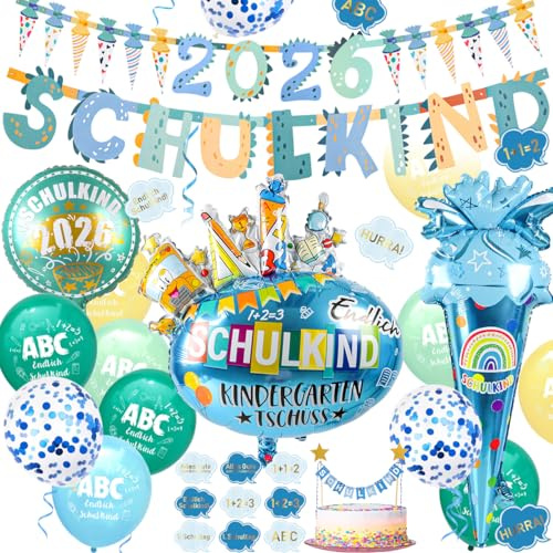 iZoeL SCHULKIND Deko 2026 Einschulung Zuckertüten Junge Folienballon,37 STK | SCHULKIND Deko Zuckertüten Girlande 2026 Papier,Zuckertüte Folienballon,15 Luftballon,16 Konfetti, Einschulung junge Blau