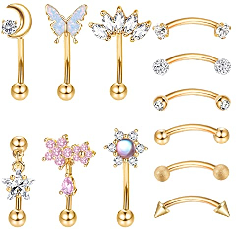 Kakonia Curved Barbell Piercing Gold - 12 Stück Augenbrauen Bauchnabel Nasen Edelstahl Tragus Helix Knorpel Lippen Schmuck für Damen