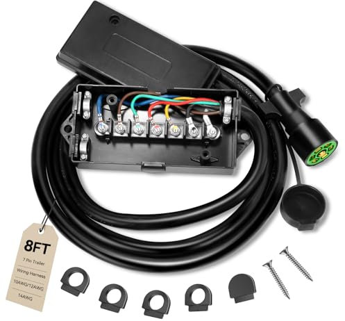 Gubrdfrsod 7 Pin Trailer Wiring Harness kit with 7 Gang Junction Box (8 Ft) Weatherproof 7 Way Trailer Junction Box for RV Trailers and Campers with Dust Cover 7 Pin Trailer Plug Junction Box