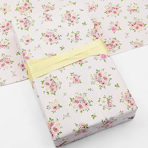 Set di 4 fogli di carta da regalo con fiori e nastro, per ragazze, signore, donne, rosa, floreale, addio al nubilato, fidanzamento, regalo per compleanno, matrimonio, festa della mamma, anniversario,
