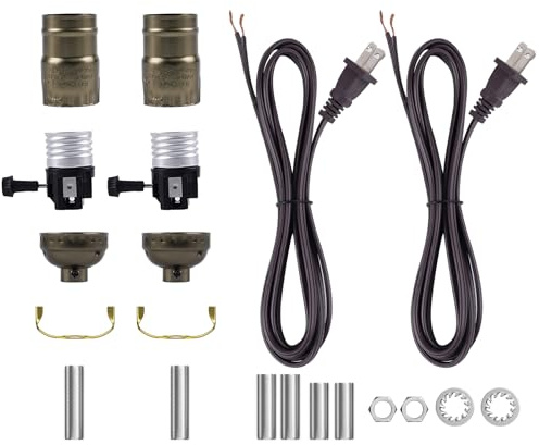 Bonlux Lamp Rewire Kit, Lamp Repair Kit with 2 Way E26 Lamp Socket Replacement, Antique Brass Lamp Repair Parts Make a Lamp Kit for Table Lamps,DIY Lamp Kits to Repair, 2-Pack