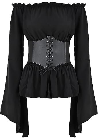 Damen Renaissance Top Mittelalter Bluse Trompeten�rmel Off Shoulder Gothic Viktorianische Shirt mit Korsett Taille G�rtel Pirate Halloween Kost�m Schwarz XL