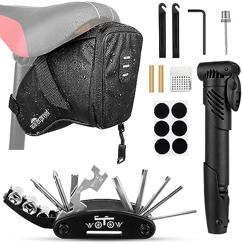 WOTOW Bike Tire Repair Kits, Waterproof Bicycle Saddle Bag & 120 Psi Mini Pump & 16 in 1 Multifunctional Bike Tyre Lever & Self Adhesive Patch Portable Repair Cycling Tool Set for Riding Mountain BMX