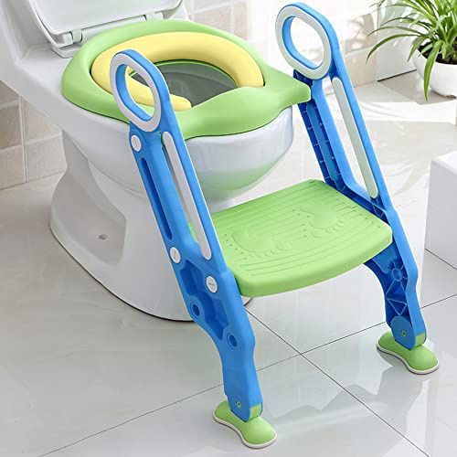 Froadp Töpfchen-Trainer für Kinder 1-7 Jahre Grünblau Toilettentrainer mit Treppe Höhenverstellbar Lerntöpfchen mit PU Gepolstert & Rutschfest Pedal Faltbare Toilettensitz für Jungen & Mädchen