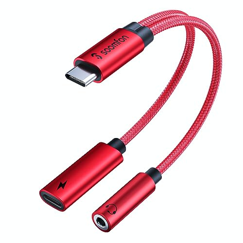 SOOMFON 2-in-1 USB Type C to Aux 3.5mm Jack Headphones and Charger Adapter | USB Type C to Aux Adapter with PD 60W Fast Charging Cable, for for iPad Pro 2020, Galaxy S20+, Pixel 4 XL and More, Red