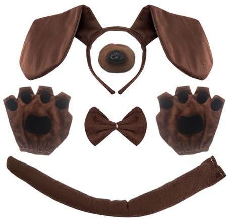 XNIVUIS 5 Pezzi Costumi Cucciolo Cane Set Fascia per Capelli Bassotto Guanti Coda Naso Papillon,per Bambini Adulti Bassotto Costume Halloween Carnevale Festa a Tema Animali(Marrone)
