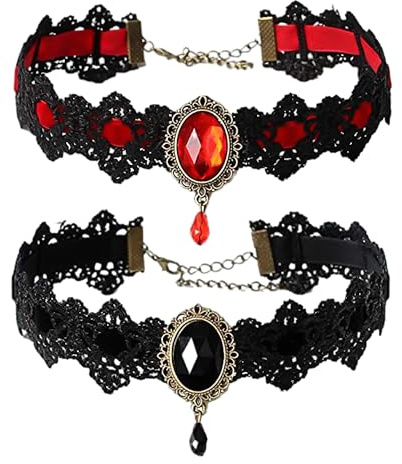 NyxSeat 2 Stück Gothic-Halsketten, Spitzenhalsketten, Retro-Edelstein-Halsketten, Gothic-Halloween-Halsbänder, Damenschmuck (schwarz + rot)