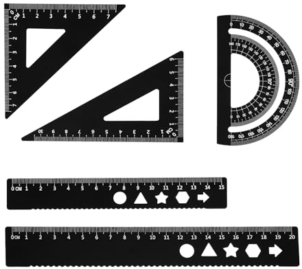 5Stück Geodreieck metall, Mathematik Geometrie Werkzeug, Metall Geometrie Set mit Winkelmesser und Dreieck Lineale, 8 and 6 Zoll Aluminiumlegierung Mathe Zeichnung Lineal für Schule und Büro, Schwarz
