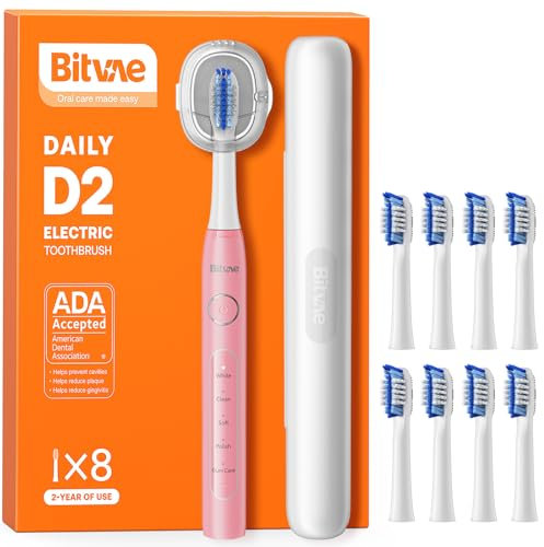 Bitvae Ultrasonic Electric Toothbrush for Adults and Kids, ADA Accepted Travel Electric Toothbrush with Rechargeable 60-Day Battery Life, 8 Toothbrush Heads, 5 Modes, Toothbrush Holder, Quartz Pink