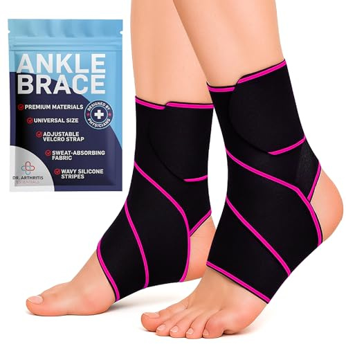 Dr. Arthritis Essentials Ankle Brace for Men & Women, Stabilizing Ankle Support for Ligament Damage, Sprains, Sports Injuries, and Plantar Fasciitis Relief, Fits Left & Right Foot (Pink 2 Pack)