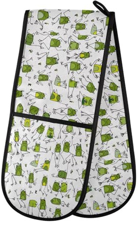 Double Oven Gloves Heat Resistant Cute Green Frog Double Oven Mitts Pot Holder Heat Protection Oven Gloves for Home Kitchen Baking Cooking BBQ Microwave