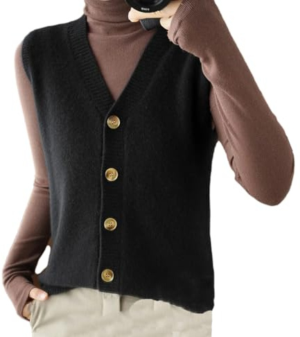Damen-Strickweste aus Wolle Soloid V-Ausschnitt Pullover Strickjacke Schwarz L