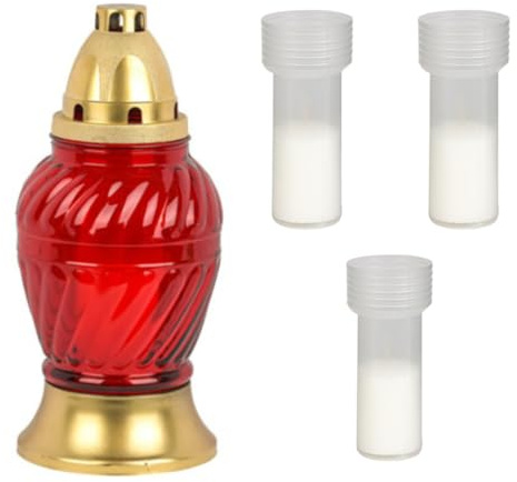 Grablaterne Grabkerze Oellicht Dauerbrenner Trauerlicht Glas Kunststoff 21,5 cm hoch (rot + 3 Kerzen)