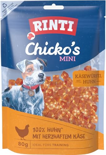 RINTI - Chicko Mini Huhnwürfel mit Käse | Kalorienarme Hundesnacks aus 100% frischem Hühnerbrustfilet für ausgewachsene Hunde. Zuckerfreie Hundeleckerlies ohne Zusätze im Frischebeutel | 12x80g