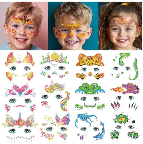 Leesgel Gesicht Tattoos für Kinder Mädchen Schminke, 24 Blätter Glitzertattoos Kinder Set Mädchen Gesicht Karneval Schminke, Geburtstagsgeschenk Zubehör, Kinderspielzeug und Gadgets