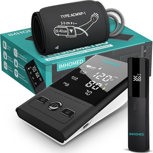 IMHOMED Tensiometro de Brazo Digital+Termometro Digital PACK PREMIUM, Uso Médico Validado, Doble Alimentación USB-C, Voz en Español, Pantalla HD, Medición Precisa Presión Arterial y Temperatura.