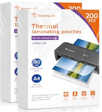 Bonsaii Laminierfolien A4, 80 Mikron, 400 Stück, Transparent, Glänzend, Kompatibel mit der L418-C Laminiergerät, für den Einsatz zu Hause oder im Büro(LP400-A4)