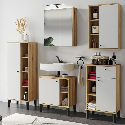 Lomadox Badmöbel-Set 5-teilig mit Waschbeckenunterschrank 60 cm, LED-Spiegelschrank, in Eiche mit weiß