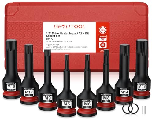 GETLITOOL 1/2 Kraft Vielzahn Bit Schlagschrauber Nüsse Satz, 8tlg S2-Stahl Kraft XZN Bit Einsatz Satz M5-M18, Länge 78 mm Vielzahn Bits Steckschlüssel Set Innenvielzahn für XZN
