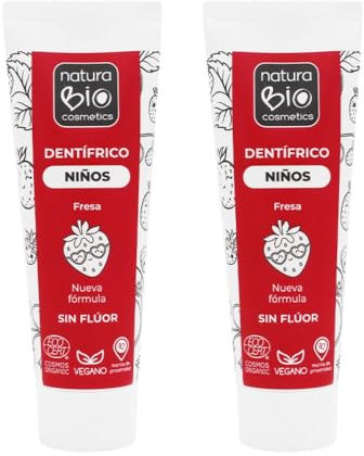 NaturaBIO Cosmetics - Pack PROMO 2 uds Pasta de Dientes para Niños Sabor Fresa 100% Natural,Vegana, Sin Gluten, Sin Fluor 75 ml