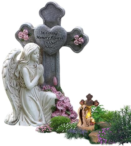Genérico Statues de jardin pour extérieur - Statuette d'ange commémorative avec lumière chaude - Décorations pour cimetière, pierre tombale, jardin, pelouse ou patio