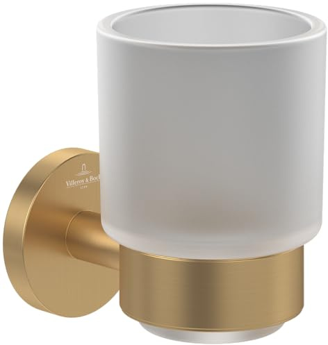 Villeroy & Boch Elements Tender - Soporte para cepillos de Dientes, Soporte de Pared para cepillos de Dientes, Vaso de Cristal Satinado con Soporte de Zinc, Redondo, Dorado