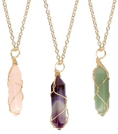 MOTIBACK 3Pcs Rose Quartz Necklace, Amethyst Hexagonal Pendant Necklaces, Healing Crystal Necklace, Adjustable Gold Chain Necklace Jewellery Set Gifts for Women Men