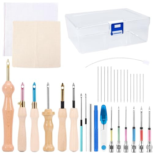 35-teiliges Punch Needle Stickerei Set für Anfänger, Verstellbare Stanznadeln mit Holzgriff, Aufbewahrungsbox, Nadeleinfädler, Stickrahmen & Zubehör für Kleidung Stickereien Vorhänge DIY