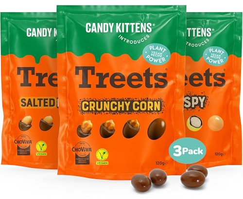 Candy Kittens Introduces - Treets, 3-in-1 Variety Pack - Crunchy Corn, Rice Crispy & Salted Peanuts, Plant-Based Vegan Chocolate, Ideal for Sweet Hampers, Cocoa-Free Choviva Shell - 120g, Pack of 3 | Crunchy Corn, Rice Crispy & Salted Peanuts in ChoViva Chocolate, Gluten & Dairy Free