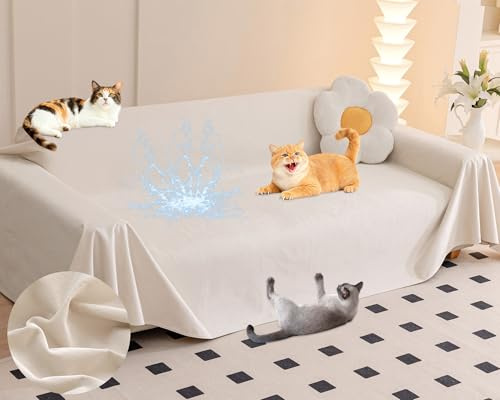 Loiion Sofabezug Kratzfest Katze Wasserdicht Sofaüberwurf Beige, 300x180cm | Weicher Kratzfester wasserdichter Sofabezug mit Rutschfester Unterseite, Schützt vor Katzenkrallen und Flüssigkeiten