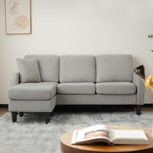 L-förmiges Ecksofa mit Chaiselongue – 3-Sitzer Sofa, 166 x 118 x 77 cm, Atmungsaktiver Baumwoll-Leinenstoff, Kunststoffbeine, Modulares Design, Ideal für Wohnzimmer, Apartments und Büros