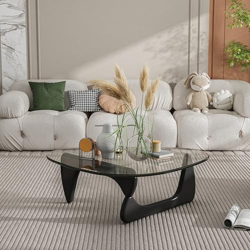 EASYSOUL Modern Glass Coffee Table, 32.68 D x 22.44 W x 15.75 H, Abstract Round Tea Tables for Living Room Home Office Industrial Cocktail Tables (Black-Clear Glass, 32.68)