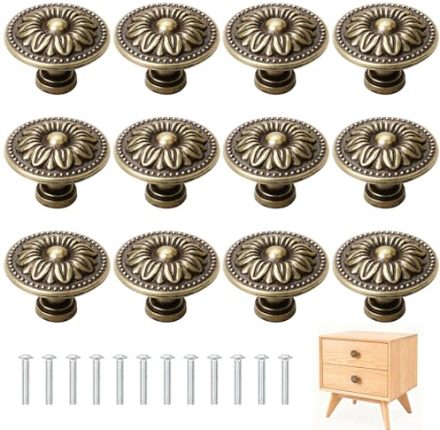 Suuwwn Antique Bronzy Cabinet Knobs, 12 Pcs Cabinet Door Knobs 31mm Vintage Round Decorative Cabinet Pulls Vintage Cabinet Handles Retro Brass Dresser Pulls for Wardrobes Cabinets Bedside Tables
