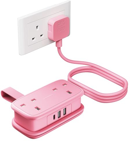 NTONPOWER Travel Extension lead with USB Slots, Pink Extension Lead 1.2M, Cruise Essentials Extension Cord with 2 Way Outlets 3 USB（1 Type C) for Cruise Travel Essentials Hotel Home Office