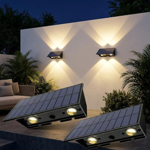 Wandleuchte Solar Außen Solar Wandleuchte Aussen Solarlampen Nach Oben und Unten Beleuchtet 4 LEDs IP65 Wasserdichte Solarleuchte Warmweiß für Garten Zäune Balkon Terrasse Treppen Dachrinne 2er