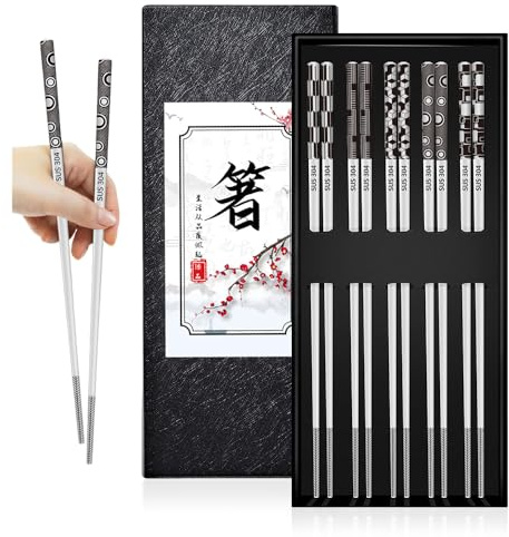 HMCEY 5 Pares Palillos de Acero Inoxidable,Palillos Chinos Reutilizables,Chopsticks Metal,Palillo para Comer Sushi,Palillo de Cocinar Lavavajillas para el Hogar, Restaurante, Camping - Geométrico