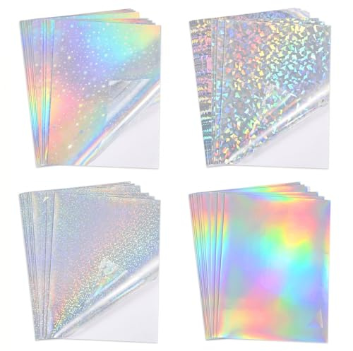 40 Blatt Holografische Folie - A4 Größe Holografische Klares Vinyl Holographische Aufkleber Papier, Selbstklebend Transparentes Glitzerfolie Klares 4 Styles gemischt Overlay Folie für DIY Dekoration