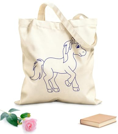 XIARON Tragetasche aus ungebleichtem Canvas Niedliche Pferde-Cartoon-Malvorlage für Kinder 340g/m² dickes Gewebe Auch als Werkzeugtasche verwendbar L Dunkelblau