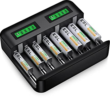 EBL Akku Ladegerät inkl. 4*AA 2800mAh und 4*AAA 1100mAh Schnell Batterie ladegerät-für AA AAA C D NI-Mh Akku mit Type C Input LCD Anzeige Batterienladegerät