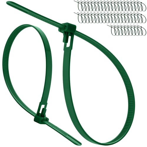 On1shelf Releasable Cable Ties 7.6mm x 370mm Green, 50 Pack Heavy Duty Reusable Zip Ties, Adjustable Removable Nylon PA66 Tie Wraps for Garden, Plant Support & Large Cable Bundles